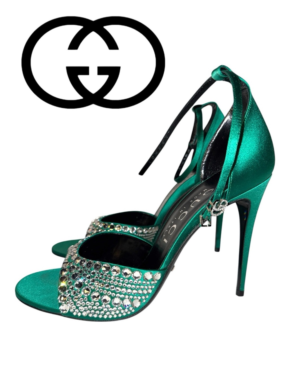 NWT.  Gucci Emerald Satin Crystal Embellished GG Ankle Strap Stilettos